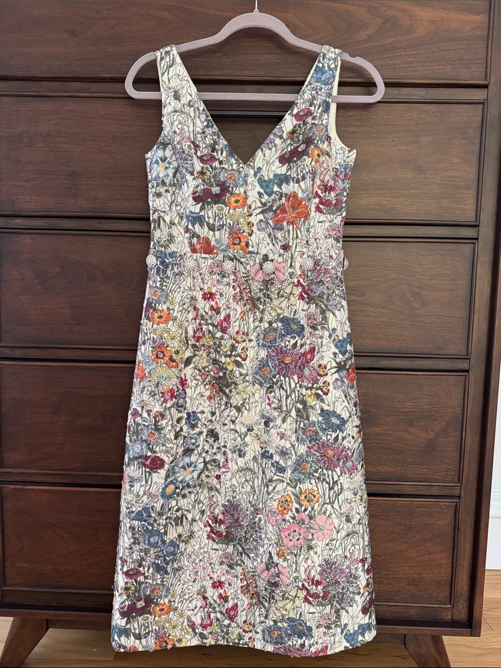 Tory Burch Cream Floral V-Neck Midi Dress with Multicolor Blooms, 0